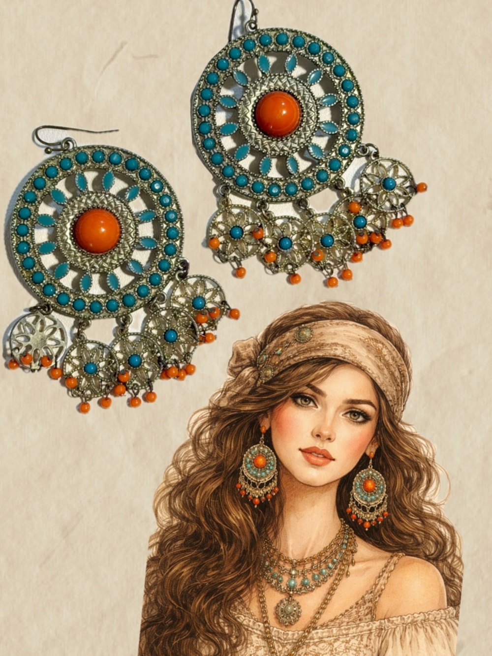 VINTAGE bohemian statement earrings large circle mandala dangle turquoise‎ hook